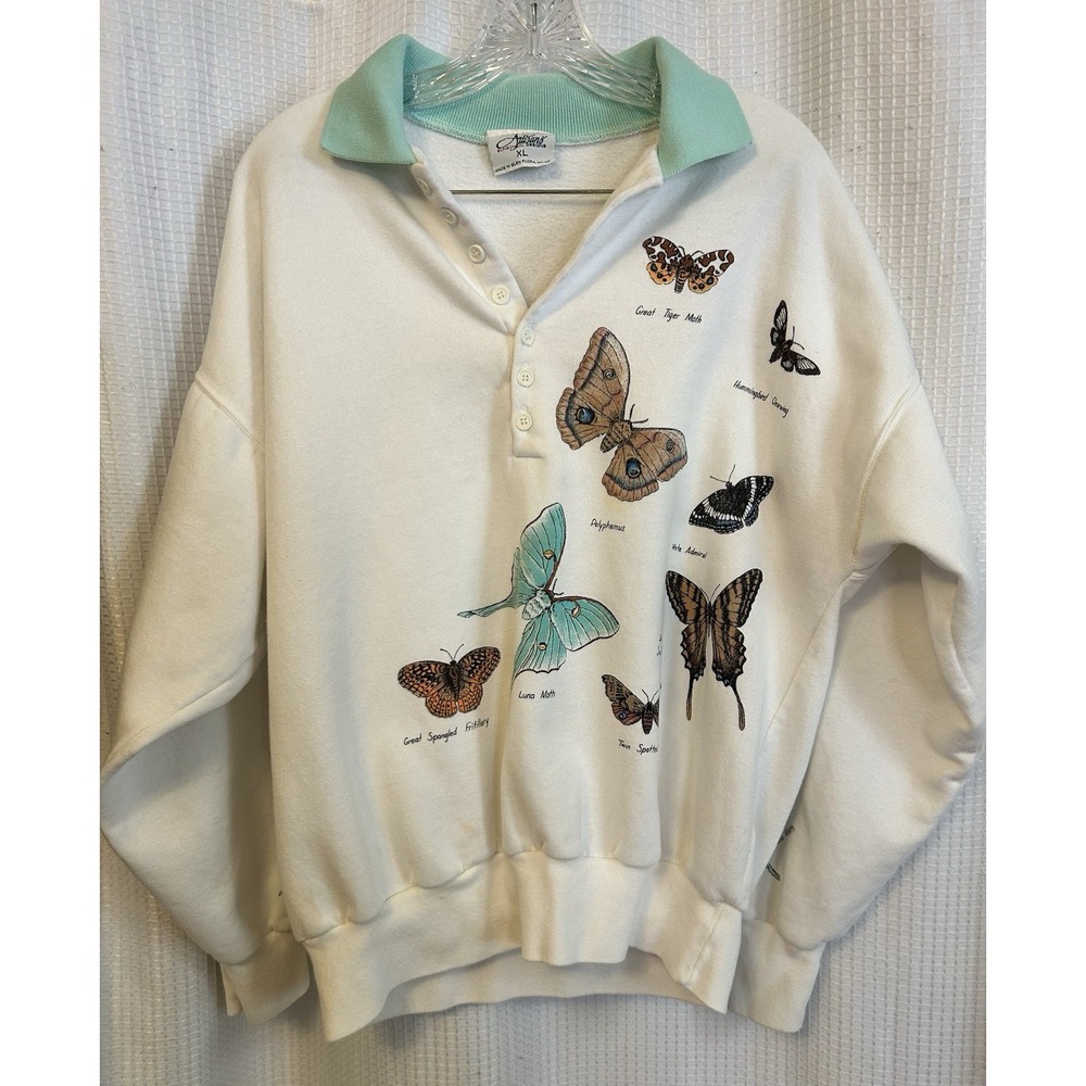VTG 90s Butterfly Sweatshirt Womens XL Grandma Cottagecore Collared Y2K